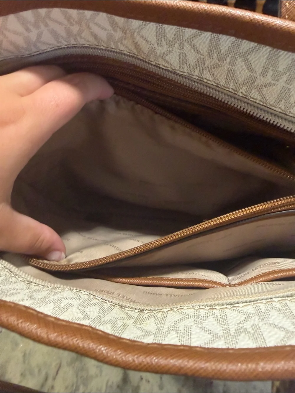 Michael Kors Jet Set Travel White Signature MK Tote with Brown Leather Trim